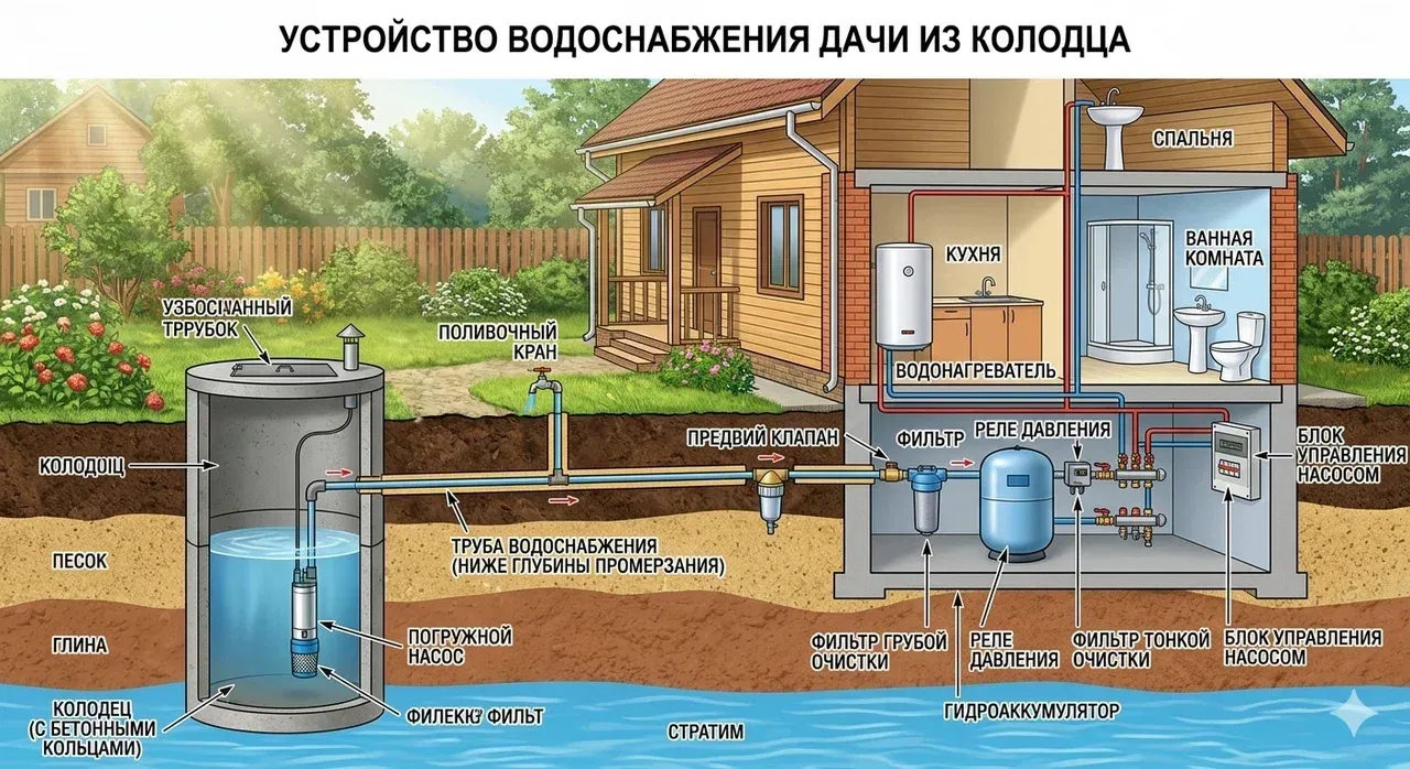 Схема погружного насоса к мембранному баку